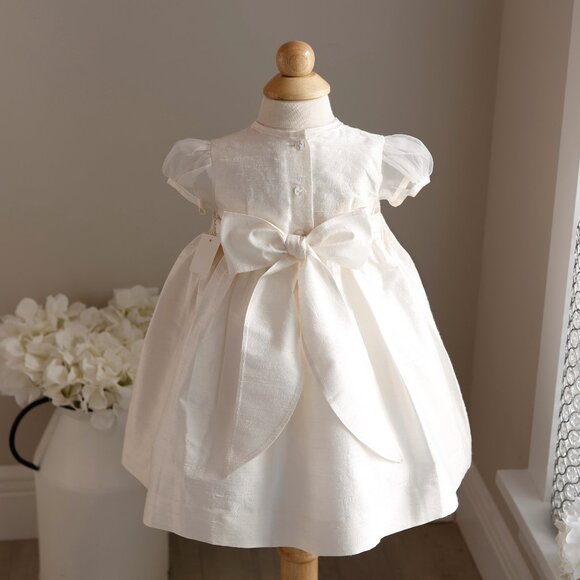Ivory Dupioni Silk Smocked Dress Flower Girl Special Occasion Hand Embroidery - Picture 6 of 7